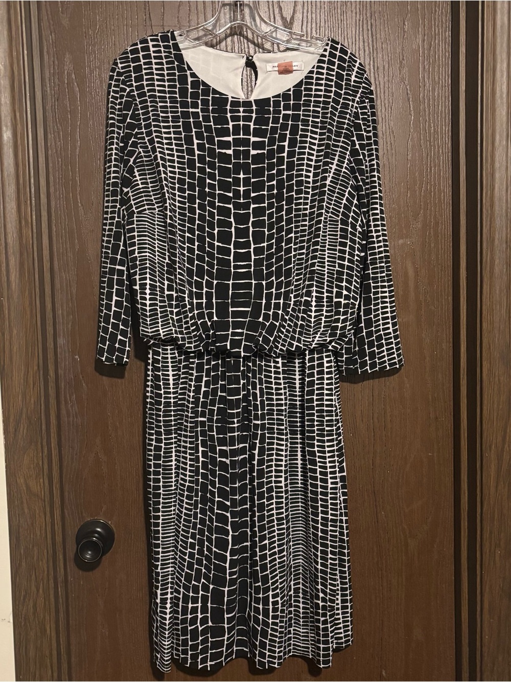Allison Daley Black and White Grid-Print Long Sleeve Dress
